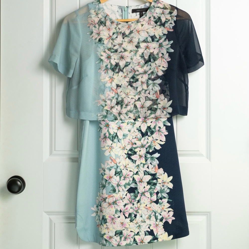 BCBG Floral Blue and Navy Midi Dress—XS